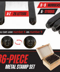 36 Piece Letter And Number Steel Punch Stamp Set With Wood Storage Case For Metal Leather And More, showing stamps and box.