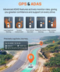 Infographic displaying GPS & ADAS features of Blazing 4K Front And Rear Dash Cam With Built In WiFi 6 And GPS, Dual Lens Car Camera.