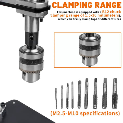 Close-up of Handy Compact Desktop Manual Tapping Machine with Bench Vice, showing clamping range and nine taps M2.5 to M10.