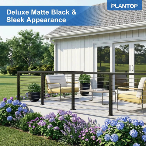 Heavy Duty 36 Inch Stainless Steel Cable Railing Corner Post Featuring 90 Degree L Drilled Holes For Clean Lines And Easy As Pie Assembly Matte Black Finish Ideal For Indoor Outdoor Deck Projects No Sweat Setup on a stylish deck with flowers.