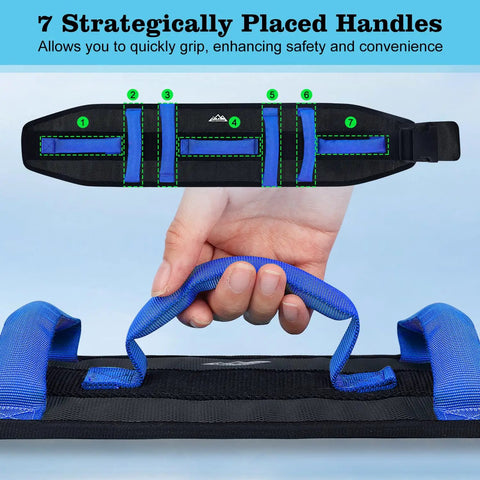 Seven Handle Gait Belt With No Slip Transfer Strap and Quick Release Buckle shown with hand gripping handle