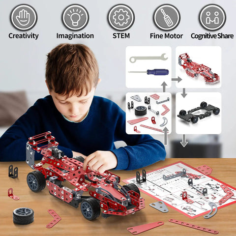 Child assembling Hands On Model Car Building Kit for kids 8 to 12 with 287 metal parts, showing STEM educational toy components.