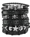 Badass Six Piece Braided Leather Bracelet Set For Men And Women Adjustable Hemp Rope Wristbands With Classic Skull Charm Punk Rock Style Fresh Daily Bling stacked black leather bracelets showcasing skull details.