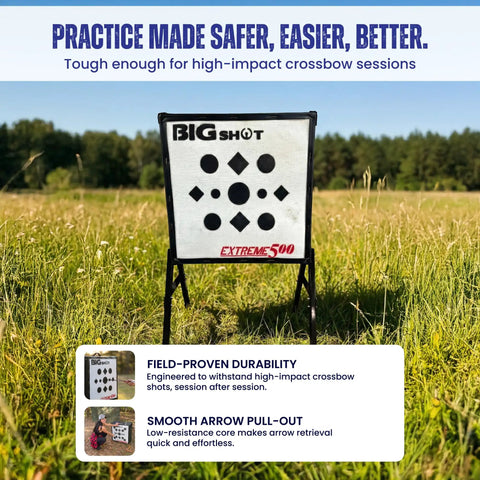 Iron Man Xtreme 500 FPS Archery Target for Crossbow, Compound Bow, and Airbow Practice Outdoors with black dot pattern.