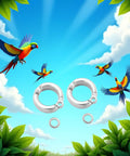 2 Pack Silver Parrot Foot Rings For Small To Medium Birds with birds in flight, durable metal leg bands with opening clip, 5.5mm inner diameter.