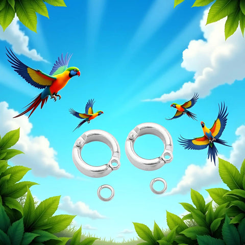 2 Pack Silver Parrot Foot Rings For Small To Medium Birds with birds in flight, durable metal leg bands with opening clip, 5.5mm inner diameter.