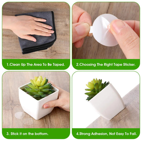 Step-by-step guide showing use of adhesive putty for securing pots, part of Clear Seventy Piece Table Cloth Clips Set for outdoor picnics.