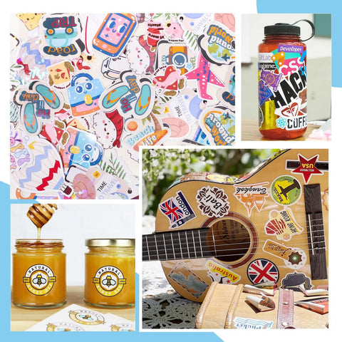 Printable Vinyl Sticker Paper For Inkjet Printers Glossy White 8.26 X 11.69 Inches A4 Size 28 Sheets Pack Ideal For DIY Stickers Crafts Scrapbooking And Home Decor featuring colorful stickers on jars, guitar, and a water bottle.