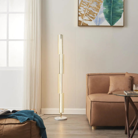 Callie LED Floor Lamp 55 Inch Tall Industrial Style With Metal Grid Shade for Bedroom, next to modern sofa in living room.