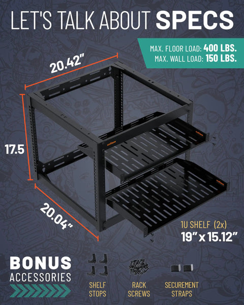 Heavy Duty 10U Open Frame Server Rack Packing Badass Airflow And A No Sweat Diy Build, dimensions displayed with shelves.