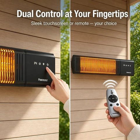 Powerful 1500W Outdoor Patio Heater With Remote Control IP65 Waterproof All Weather Design wall mounted on wooden wall