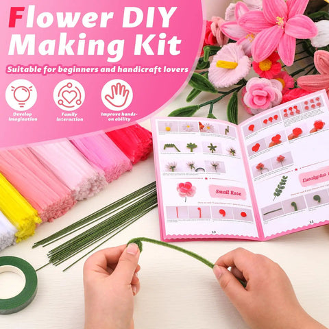 Pink Pipe Cleaner DIY Flower Kit With 550 Pieces In 7 Colors Bulk Pack Includes Floral Wires Stamens Floral Tape And Tutorial For Easy Craft Bouquets A Fun Kid Friendly Mothers Day Gift Idea, pink flower kit with tutorial and pipe cleaners