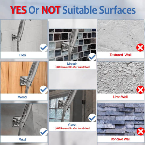 Adjustable Brass Shower Head Holder Bracket compatibility on different surfaces like tile, mosaic, wood, and unsuitable surfaces.