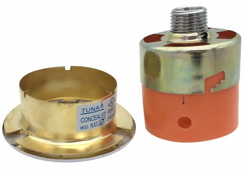 Reliable Concealed Pendent Fire Sprinkler Head Half Inch Npt Rated One Fifty Five F with bronze frame and orange chamber.