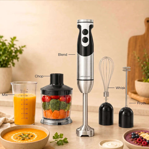 Kickin Eight Hundred Watt 5 In 1 Hand Blender With Titanium Blades And 12 Speed Settings For Smooth Soups, Baby Food And Creamy Whisks, with mixing cup, chopper bowl, and whisks.