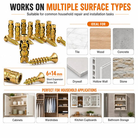 Six By Fourteen Millimeter Short Expansion Screw Set For Cabinet Hinge Repair And Fixing Loose Stripped Wood Holes With Tough Nylon Anchors To Knock Out Door Wobble Cold, displayed with multiple surface types and household applications.