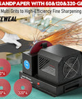 Real Deal Yard Work Savior Heavy Duty 7 Inch Lawn Mower Blade Sharpener Bench Grinder with 60, 120, and 320 grit sandpaper.