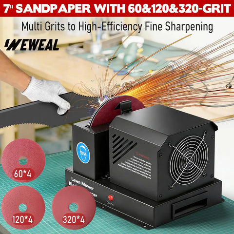 Real Deal Yard Work Savior Heavy Duty 7 Inch Lawn Mower Blade Sharpener Bench Grinder with 60, 120, and 320 grit sandpaper.