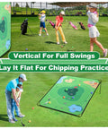 Ultimate 70 By 70 Inch Golf Chipping Game Mat for Indoor and Outdoor Practice, shown in use by golfers on grass.