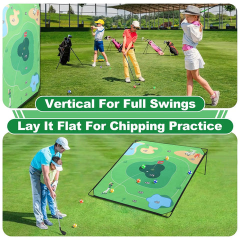 Ultimate 70 By 70 Inch Golf Chipping Game Mat for Indoor and Outdoor Practice, shown in use by golfers on grass.