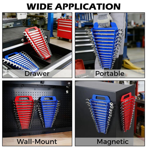 Magnetic Wrench Organizer With Non Slip Handle 24 Slot Pro Grade Heavy Duty Rack for drawers, portable use, wall mount.
