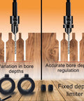 Illustration showing 12 Piece Countersink Drill Bit Set With 3 In 1 Wood Counterbore Kit For Screws Size Six To Sixteen depth adjustment.