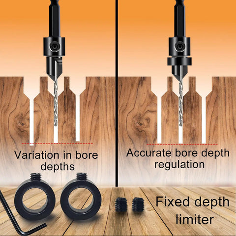 Illustration showing 12 Piece Countersink Drill Bit Set With 3 In 1 Wood Counterbore Kit For Screws Size Six To Sixteen depth adjustment.