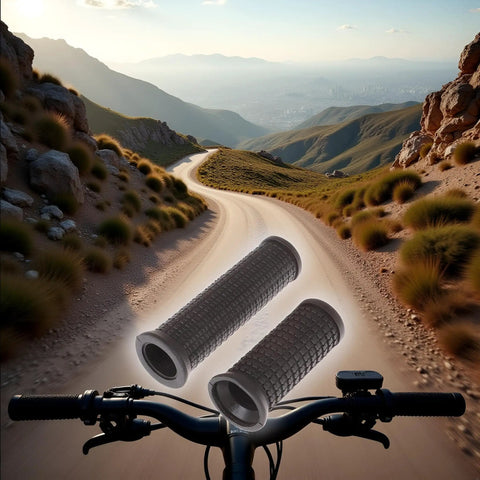 Dual Length Bike Handlebar Grips Set Long And Short Anti Slip TPR Rubber Grips For Mountain And Road Bikes displayed over a scenic bike trail