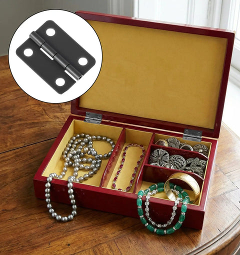 50 Pairs Small Hinges Set For DIY Projects shown on a jewelry box with rotatable zinc alloy hardware for smooth opening