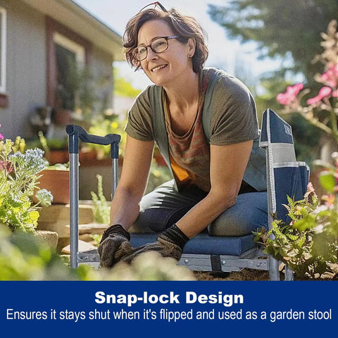 Person using Foldable Garden Kneeler Seat With Detachable Cloud Kneeler Pad, Built Tough Heavy Duty Stool With Two Large Tool Bags outdoors