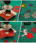 Multi Function Leather Hole Puncher Hand Press Tool For DIY Crafting Leather Cutting Embossing Rivet And Snap Button Installation Punch Holes Cut Form And Press With Adjustable Modes in use with leather shapes and crafts on a green mat.
