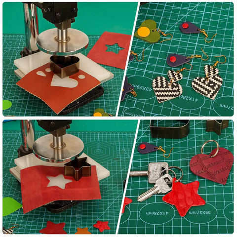 Multi Function Leather Hole Puncher Hand Press Tool For DIY Crafting Leather Cutting Embossing Rivet And Snap Button Installation Punch Holes Cut Form And Press With Adjustable Modes in use with leather shapes and crafts on a green mat.