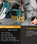 Cordless 14 Gauge Sheet Metal Cutter With 360 Degree Pivoting Head And 400Nm Brushless Motor Electric Metal Shears For Stainless Steel Leather Carpet And Iron Compatible With 18V Batteries Tool Only showcased in a product comparison showing upgrade versus traditional model features.