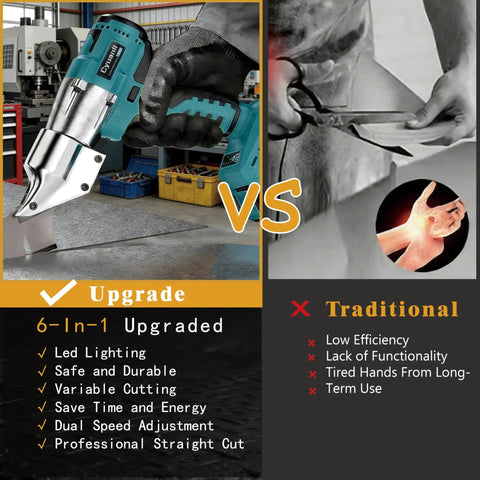 Cordless 14 Gauge Sheet Metal Cutter With 360 Degree Pivoting Head And 400Nm Brushless Motor Electric Metal Shears For Stainless Steel Leather Carpet And Iron Compatible With 18V Batteries Tool Only showcased in a product comparison showing upgrade versus traditional model features.