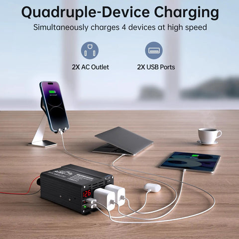 Top Shelf 400W DC To AC Car Power Inverter With 700 Watt Peak Juice And Hella Reliable Dual USB Fast Charging Ports Plus Crisp Digital Screen charging multiple devices.