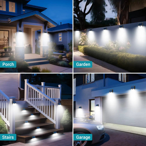 10 Pack Outdoor Solar Lights With Motion Sensor 140 LED Security Flood Lights illuminating porch, garden, stairs, garage
