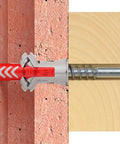 100 X DuoPower Dowels 8 X 40 mm for solid walls, perforated brick, and plasterboard, close-up of dowel installed in wall and wood