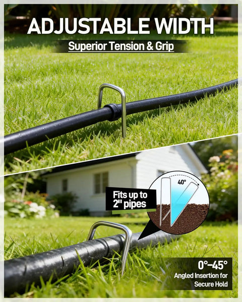 Landscape staple securing a hose on grass, demonstrating use of 120 Pack Landscape Staples 6 Inch 11 Gauge Galvanized Ground Anchors For Landscaping Fabric Tarps And Netting Heavy Duty Garden Stakes For Lawn Edging Weed Barrier And Outdoor Projects.