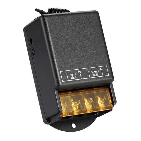 Smart Wireless RF Remote Control Switch for Home Appliances and Lighting, 110V/120V/240V, 30A Relay, black casing, front view.