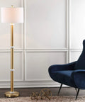 Brass Gold And Marble LED Floor Lamp With White Linen Drum Shade Dope Modern Contemporary Metal Standing Light in living room