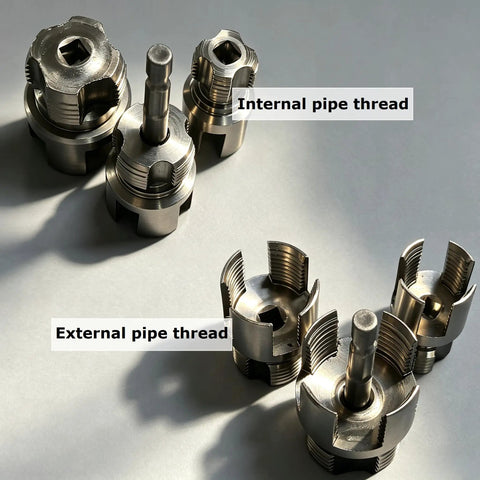 Essential 3 Piece Pvc Pipe Threading Tool Kit For Creating Smooth Internal And External Threads On One Half Three Quarters And Inch Plastic Pipes Compatible With Electric Drills For Plumbing Jobs And Home Fixes, showcasing internal and external pipe threading tools.