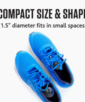 Blue sneakers with Odor Eliminating Deodorizer For Shoes Gym Bags Gear Bags Lockers Drawers And More Delivers Powerful Odor Elimination Keeps Your Fresh Kicks Smelling Great Anywhere Two Pack inserted inside, showing compact size for small spaces.