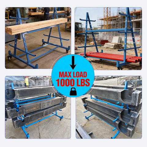 Heavy Duty Double Sided Horizontal Material Storage Rack Featuring Adjustable Arms For Lumber PVC Tubes And Steel Pipe with 1000 lbs max load.