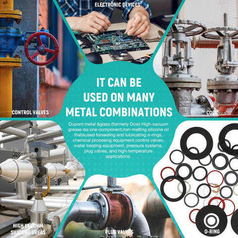 Collage of control valves, electronic devices, plug valves, high vacuum silicone grease, O-rings used in various applications.