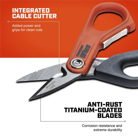 Electrician Shears Pro Titanium Blade Scissors With Titanium Coated Steel, Ergonomic TPR Grip Handles And Control Bar Extension For Precise Wire Cutting, Heavy Duty Electrician Scissors For Pros