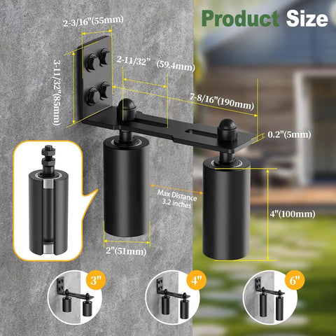 Heavy Duty Sliding Gate Roller Hardware Kit With Steel Wall Mount Bracket And Nylon Roller Guides Built Tough For Garage Doors And Wood Gates Adjustable Micro Adjustment Black 2 Pack 4 Inch diagram showing dimensions.