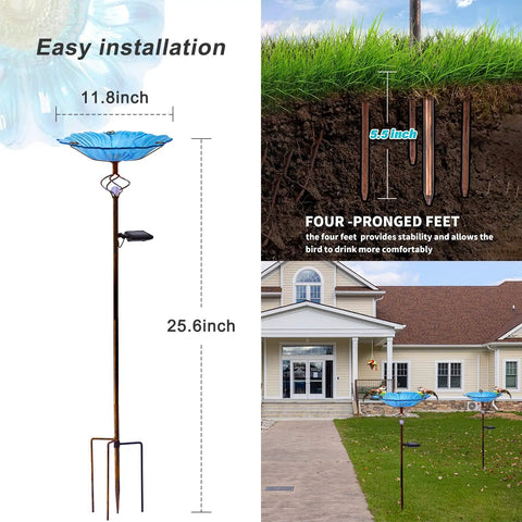 Dimensions of Solar Glass Blue Bird Bath On Metal Stake With White LED Light, four-pronged feet and installed in garden view