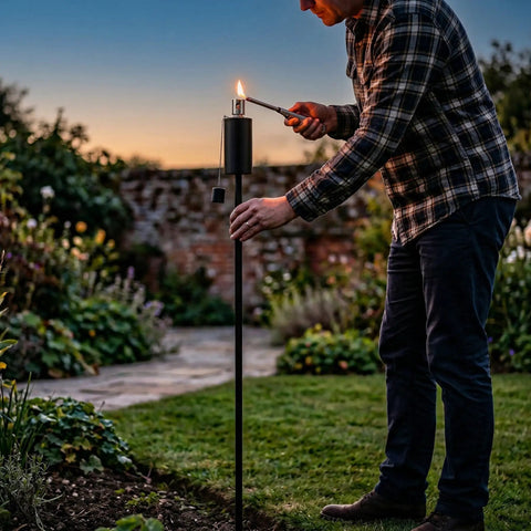 Person lighting a 55 Inch Outdoor Oil Torch Lamps Four Pack Rustproof Stainless Steel Citronella Torches at dusk in a garden