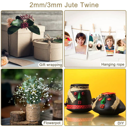 2mm 3mm Natural Jute Twine Rope used for gift wrapping, hanging photos, flowerpots, and DIY crafts.
