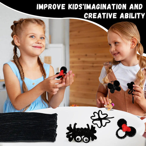 Kid Friendly Chenille Stem Craft Sticks 200 Pack Black Pipe Cleaners 6mm Diameter 12 Inch Length For DIY Projects Arts And Crafts For Kids And Adults Halloween Christmas Gift Idea, kids holding black chenille crafts